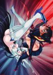 ass battle black_hair blood blue_eyes boots breasts clenched_teeth eyebrows fighting hair high_heels highres injury junketsu kick kicking kill_la_kill kiryuuin_satsuki living_clothes long_hair matoi_ryuuko multicolored_hair multiple_girls nipples open_mouth pleated_skirt red_hair revealing_clothes scissor_blade senketsu shadman short_hair skirt suspenders sword thigh_boots thighhighs torn_clothes two-tone_hair wardrobe_malfunction watermark weapon web_address wince