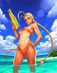 1girl :q abs ahoge antenna_hair bandeau beach beach_umbrella bikini blonde_hair blue_eyes blue_sky braid breasts cammy_white capcom cloud day female fisheye hand_on_hip highres holding horizon lens_flare licking_lips long_hair looking_at_viewer medium_breasts o-ring_top ocean ogami one-piece_tan orange_bikini outdoors palm_tree sky solo strapless strapless_bikini street_fighter super_soaker swimsuit tan tan_line toned tongue tongue_out tree trigger_discipline twin_braids umbrella very_long_hair wading water water_gun weapon