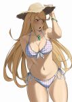  1girl 1girl absurd_res alluring big_breasts bikini blonde_hair bracelet collarbone core_crystal_(xenoblade) cowboy_shot deliciousbrain earrings hat high_res jewelry long_hair mythra navel open_mouth simple_background stomach sun_hat swept_bangs swimsuit very_long_hair white_background white_bikini xenoblade_(series) xenoblade_chronicles_2 yellow_eyes 