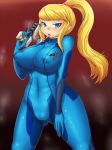  big_breasts blonde_hair blue_eyes bodysuit breasts gun metroid mokkosss mokugyuutan ponytail samus_aran solo weapon zero_suit 