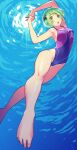  1girl arms_up barefoot blue_eyes competition_swimsuit foreshortening freediving green_hair hair_ornament hattori_mitsuru high_res kenkou_zenrakei_suieibu_umishou looking_at_viewer ninagawa_amuro one-piece_swimsuit open_mouth short_hair swimsuit two-tone_swimsuit underwater x_hair_ornament 