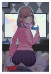  1boy 1girl ass blush brown_hair clothed erection icarus_(632247131) looking_at_viewer looking_back male/female nijisanji nintendo nintendo_switch pov short_hair suzuhara_lulu teal_eyes tease virtual_youtuber 