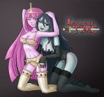 adventure_time big_breasts black_hair breasts gradient_background grey_background hair lingerie long_hair marceline pink_hair princess_bubblegum vampire