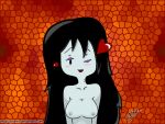  1girl adventure_time bite_marks black_eyes black_hair blush cartoon_network deviantart female_only grey_body grey_skin hearts_around_head jrtmrx long_hair looking_at_viewer looking_pleasured marceline mascara multicolored_background nipples no_clothes nude one_eye_closed open_mouth shaded solo_female solo_focus 