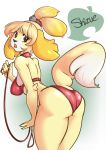 1girl animal_crossing animal_crossing_new_leaf anthro ass bent_over big_ass big_breasts bikini breasts canid canine canine_humanoid canis clothed clothing collar domestic_dog doubutsu_no_mori firekitty fur furry hair_tie holding_leash holding_object isabelle_(animal_crossing) jingle_bell leash looking_at_viewer looking_back mammal nintendo open_mouth ponytail rear_view secretary shih_tzu shizue_(doubutsu_no_mori) standing swimwear thick_ass thick_legs thick_thighs tongue toy_dog video_game_character video_game_franchise video_games wide_hips yellow_body yellow_fur