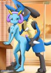  1boy 1girl anthro bbmbbf blue_skin breasts bug illumise lucario male male/female nintendo nude palcomix penis_grab pokemon pokepornlive smile 