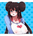  1girl big_breasts blue_eyes bra breasts brown_hair collarbone covered_nipples double_bun erect_nipples erect_nipples_under_clothes heart heart_background huge_breasts large_breasts long_hair mei_(pokemon) niku_(dance-siva) nintendo nipples no_hat pokemon pokemon_(game) pokemon_bw2 raglan_sleeves see-through solo sweat underwear wet 