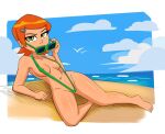  1girl areola areola_slip beach ben_10 bikini breasts cameltoe cartoon_network green_bikini green_eyes green_swimsuit gwen_tennyson hairclip light-skinned_female light_skin looking_at_viewer medium_breasts micro_bikini navel ocean one-piece_swimsuit orange_hair short_hair sling_bikini spakka5 sunglasses swimsuit teen water young 