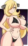 1girl alluring alternate_breast_size big_breasts bikini blonde_hair blush bra creatures_(company) cynthia_(pokemon) female_only game_freak grey_bikini grey_eyes hair_over_one_eye humans_of_pokemon light_skin long_hair looking_at_viewer nintendo pin_up pokemon pokemon_(anime) pokemon_black_2_&_white_2 pokemon_black_and_white pokemon_bw pokemon_bw2 pokemon_diamond_pearl_&_platinum pokemon_dppt porkyman purple_background raydonxd shirona_(pokemon) small_bikini string_bikini thick_thighs traced