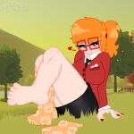 adult adult_only big_breasts black_skirt coach_(recroom) feet feet_fetish foot_fetish footwear grass grass_field heart high_res high_res jackson0666 one_sock orange_eyes orange_hair outside outside painted_nails painted_toenails ponytail rec_room rec_room_avatar recroom red_glasses seductive_smile simple_shading skirt socks thick_thighs trees vr vr_avatar wide_hips