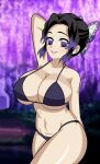 1girl alluring bare_legs big_breasts bikini black_and_purple_hair bowtie demon_slayer kimetsu_no_yaiba kochou_shinobu night posing purple_eyes purple_leaves raydonxd tree