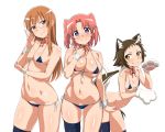 3_girls 3girls animal_ears asymmetrical_legwear big_breasts bikini black_legwear blue_bikini blush breasts brown_eyes brown_hair cat_ears chikuishi choker cleavage erect_nipples flat_chest front-tie_top glasses gloves hair_ornament hairclip halterneck hand_on_own_chest large_breasts long_hair looking_at_viewer micro_bikini mikakunin_de_shinkoukei mitsumine_mashiro multiple_girls navel neck_ribbon orange_hair paw_gloves pink_hair ponytail purple_eyes ribbon ribbon_choker shiny shiny_skin short_hair siblings side-tie_bikini simple_background sisters skindentation small_breasts smile string_bikini sweatdrop swimsuit thighhighs two_side_up white_background wrist_cuffs yellow_eyes yonomori_benio yonomori_kobeni