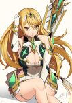 1girl alluring big_breasts blonde_hair cleavage cleavage_cutout clothing_cutout diamond_earrings dress earrings eightyfourart elbow_gloves gloves high_res jewelry long_hair looking_at_viewer mythra nintendo off_shoulder swept_bangs sword thigh_strap thighs tiara weapon white_dress white_gloves xenoblade_(series) xenoblade_chronicles_2 yellow_eyes