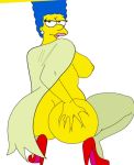 1girl ass big_ass blue_hair bottomless breasts earrings exposed_ass from_behind green_dress hand_on_ass high_heels lipstick looking_at_viewer marge_simpson milf mostly_nude open_clothes sexy sideboob slut squatting stockings the_simpsons yellow_skin