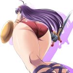 1girl anime antenna_hair ass athena_(series) bare_shoulders bikini blush from_behind from_below gauntlets hairband huge_ass legs long_hair point_of_view pov_ass princess_athena purple_eyes shield solo swimsuit sword thick_thighs tonpuu upward_angle weapon wide_hips