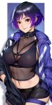  1girl alluring big_breasts black_hair blush breasts brown_eyes choker cleavage hand_in_pocket namco navel neoartcore purple_hair reina_(tekken) see-through_clothing smile tekken tekken_8 two_tone_hair 