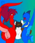  anthro ass blue_eyes blush bottomless brown_hair closed_eyes furry jeffron komodo_dragon lizard long_hair looking_back looking_down ponytail raccoon red_eyes reptile rodent scalie short_hair shy smile wide_hips 