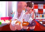  2girls ass breasts brown_hair cleavage cream flour food hair kitchen licking long_hair multiple_girls original panties pink_hair stockings tobestyle underwear undressing white_panties wink yuri zettai_ryouiki 