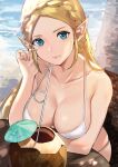  1girl adjusting_hair alluring bare_shoulders beach big_breasts bikini blonde_hair blue_eyes blush braid cleavage closed_mouth cocktail_umbrella coconut collarbone crown_braid day drinking_straw female_only forehead hand_up high_res j@ck long_hair looking_at_viewer nintendo ocean outside pointy_ears princess_zelda sitting skindentation smile swimsuit the_legend_of_zelda the_legend_of_zelda:_tears_of_the_kingdom upper_body water white_bikini 