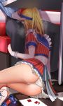 1boy 1girl ahoge ass blonde_hair clothed condom_wrapper facing_away female from_behind good_girl hachimiya_meguru heavy_breathing hetero holding_head idolmaster implied_fellatio implied_oral long_hair male midriff miniskirt roller_skates short_sleeves skirt skirt_lift solo_focus striped_shirt striped_skirt testame vaginal_juice_puddle white_underwear