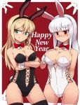  2girls animal_costume animal_ears big_breasts blonde_hair blush bow bow_tie bowtie breasts bunny_ears bunnysuit cleavage crossed_arms fishnet_legwear fishnet_stockings fishnets glasses green_eyes heidimarie_w_schnaufer heinrike_prinzessin_zu_sayn-wittgenstein large_breasts legwear long_hair multiple_girls new_year null_(nyanpyoun) red_eyes smile stockings strike_witches tail thighhighs white_hair 