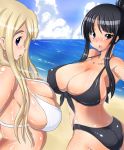 akiyama_mio beach bikini black_eyes black_hair blonde_hair blue_eyes blush breasts cleavage huge_breasts k-on! kinokoutarou kotobuki_tsumugi long_hair open_mouth swimsuit