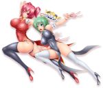 2girls ass bare_shoulders big_breasts black_legwear blue_eyes breasts china_dress chinese_clothes curvy green_hair grin hair hair_bobbles hair_ornament harumi_(harumix) harumix hat headgear high_heels hips huge_breasts impossible_clothes impossible_shirt jumping legs long_legs mound_of_venus mouth_hold multiple_girls navel no_panties onozuka_komachi open_mouth panties pink_eyes pink_hair shikieiki_yamaxanadu shirt shoes skin_tight smile stockings taut_shirt thick_thighs thighs touhou underwear white_legwear wide_hips