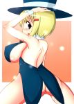 ass backboob blonde blonde_hair blush breasts cleavage hat huge_breasts kinokoutarou large_breasts looking_back