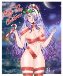 1girl 1girl alluring alternate_costume big_breasts blush cameltoe camilla_(fire_emblem) camilla_(ninja)_(fire_emblem) candy candy_cane cherry_blossoms cleavage cleft_of_venus fire_emblem fire_emblem_fates fire_emblem_heroes fire_emblem_warriors food functionally_nude hair_ornament intelligent_systems long_hair looking_at_viewer midriff mistletoe navel ninja nintendo outside ponytail purple_eyes purple_hair ribbon side_slit snazzypumpkin stockings tiara wavy_hair