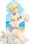 1girl 1girl alluring aqua_bikini aqua_eyes artist_name ass atoatto bikini blonde_and_teal_hair character_doll doll feh_(fire_emblem_heroes) fire_emblem fire_emblem_heroes fjorm_(fire_emblem) fjorm_(summer)_(fire_emblem) flower hair_flower hair_ornament high_heel_sandals high_heels inflatable_toy intelligent_systems looking_at_viewer looking_back medium_breasts nintendo official_art sandals smile swimsuit watermark