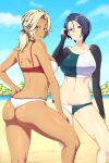 2_girls alluring alternate_costume ass asymmetrical_hair beach big_breasts bikini blonde_hair blue_eyes blue_sky butt_crack catherine_(fire_emblem) closed_mouth commission dark-skinned_female dark_skin dimples_of_venus female_focus fire_emblem fire_emblem:_three_houses hair_tie hand_on_own_hip high_res intelligent_systems lindaroze long_hair long_sleeves looking_at_viewer looking_back mature_female multiple_girls navel nintendo open_mouth ponytail purple_eyes shamir_nevrand short_hair sky swimsuit thighs thong thong_bikini water white_bikini