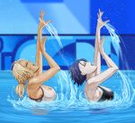 2_girls absurd_res alluring alternate_costume arms_up big_breasts black_hair black_one-piece_bikini blonde_hair bow catherine_(fire_emblem) cleavage dark-skinned_female dark_skin fire_emblem fire_emblem:_three_houses high_res intelligent_systems looking_up medium_breasts multiple_girls nintendo one-piece_bikini pale_skin partially_submerged ponytail pool red_bow ripples saikunartworks shamir_nevrand sideboob smile sparkle splashing swimming swimsuit synchronized_swimming tan water white_one-piece_bikini