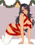 1girl 1girl 1girls all_fours alluring beauty_mark big_breasts black_hair christmas cryptid_crab dark-skinned_female dark_skin female_only grin hourglass_figure looking_at_viewer mole naked_ribbon naked_stockings red_eyes ribbon sharla_(xenoblade) smile stockings wide_hips xenoblade_(series) xenoblade_chronicles