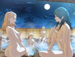 1girl 4girls absurd_res alluring annette_fantine_dominic areola ass back bare_arms bare_legs bare_shoulders big_breasts black_hair blonde_hair blue_eyes bottle braid byleth_(fire_emblem) byleth_(fire_emblem)_(female) choko_(cup) collarbone completely_nude cup female_only fire_emblem fire_emblem:_three_houses fire_emblem_warriors:_three_hopes full_moon green_eyes high_res hot_spring ingrid_brandl_galatea intelligent_systems long_hair medium_breasts medium_hair mercedes_von_martritz moon multiple_females multiple_girls navel night night_sky nipples nude nude_female official_alternate_hairstyle onsen orange_hair outside partially_submerged pomelomelon sake_bottle same-sex_bathing shared_bathing sky small_breasts stomach teal_hair thighs