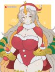 1girl 1girl 1girl alluring alternate_costume bare_thighs blonde_hair cape caress christmas female_only fire_emblem fire_emblem_heroes gloves grey_hair gullveig_(fire_emblem) hat horn huge_breasts intelligent_systems leotard long_hair multicolored_hair nintendo pout raydango santa_hat snake snake_hair thighs very_long_hair yellow_background yellow_eyes yellow_hair