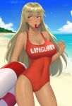1girl absurd_res alluring bare_shoulders baywatch beach big_breasts blonde_hair blush cleavage cloud collarbone commission covered_navel cowboy_shot dark_skin day fire_emblem fire_emblem:_the_binding_blade gluteal_fold high_res holding igrene_(fire_emblem) intelligent_systems lifebuoy lifeguard long_hair looking_to_the_side mole mole_under_eye mouth_hold nintendo ocean one-piece_bikini outside parody red_one-piece_bikini redkite333 sand sky standing swim_ring swimsuit very_long_hair water whistle whistle_around_neck yellow_eyes