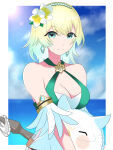 1girl 1girl alluring bare_shoulders blonde_and_teal_hair blue_eyes cleavage commentary earrings fire_emblem fire_emblem_heroes fjorm_(fire_emblem) fjorm_(summer)_(fire_emblem) flower hair_flower hair_ornament high_res intelligent_systems jewelry looking_at_viewer medium_breasts nintendo official_alternate_costume ondur short_hair smile swimsuit upper_body