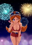  1girl big_breasts blue_eyes breasts brown_hair cleavage earrings female_only fireworks flying_kiss hat highres jewelry lips long_hair mona mona_(warioware) night nintendo pilot sigurd_hosenfeld sigurdhosenfeld skirt solo very_long_hair warioware wink 