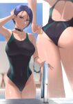 1girl adjusting_clothes adjusting_swimsuit alluring alternate_costume arm_up ass ass_focus back_cutout backless_swimsuit bare_arms bare_legs big_breasts black_choker black_one-piece_bikini blue_hair choker cleavage clothing_cutout competition_swimsuit covered_navel fire_emblem fire_emblem:_three_houses furo_atsushi goggles goggles_around_arm green_nails high_res looking_at_viewer multiple_views nail_polish nintendo one-piece_bikini outside pool purple_eyes shamir_nevrand short_hair swimming_pool swimsuit thick_thighs thighs underbutt wet wet_clothes wet_one-piece_bikini wet_swimsuit