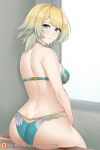 1girl 1girl alluring aqua_bra aqua_panties aslind_samure aslindsamure ass back bare_shoulders big_breasts blonde_and_teal_hair blush bra butt_crack female_focus fire_emblem fire_emblem_heroes fjorm_(fire_emblem) gradient_hair green_eyes grey_hair high_res highleg highleg_panties intelligent_systems looking_at_viewer looking_back medium_breasts multicolored_hair nintendo panties parted_lips short_hair swept_bangs thighs underwear
