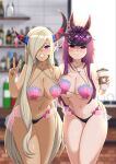 2_girls alluring asymmetrical_horns bare_shoulders big_breasts bikini black_nails blonde_hair blue_eyes blush breast_press cafe cleavage commission cosplay cup disposable_coffee_cup disposable_cup dragon_girl fire_emblem fire_emblem_engage fire_emblem_fates grey_horns hair_ornament hair_over_one_eye hand_on_another's_hip high_res holding horns intelligent_systems ivy_(fire_emblem) long_hair mature_female multiple_girls nintendo oppaihobby pointy_ears purple_eyes purple_hair purple_ribbon revealing_clothes ribbon shell shell_bikini smile tan tassel tassel_hair_ornament thighs uneven_horns v very_long_hair zephia_(fire_emblem)