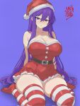 1girl bare_shoulders big_breasts blush breasts christmas christmas_dress christmas_outfit cleavage doki_doki_literature_club drawlab33t dress looking_at_viewer purple_background purple_eyes purple_hair red_dress santa_hat seiza simple_background stockings striped_thighhighs thick_thighs thighs yuri_(doki_doki_literature_club)