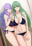 2girls alluring big_breasts blue_bra blue_panties bra camilla_(fire_emblem) cleavage dutch_angle fire_emblem fire_emblem:_path_of_radiance fire_emblem:_radiant_dawn fire_emblem_fates fire_emblem_warriors fitting_room frown gluteal_fold green_eyes green_hair hair_over_one_eye hand_on_another's_shoulder high_res intelligent_systems long_hair multiple_girls nephenee_(fire_emblem) nervous nintendo oyatsu_0 panties purple_bra purple_hair purple_panties thighs underwear very_long_hair