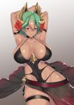 1girl 1girl alluring arms_up aster_crowley big_breasts choker closed_mouth dark-skinned_female dark_skin female_focus fire_emblem fire_emblem_heroes flower gradient_background green_hair hair_flower hair_ornament high_res horns intelligent_systems laegjarn_(fire_emblem) laegjarn_(summer)_(fire_emblem) multicolored_hair nintendo one-piece_bikini orange_hair red_eyes sarong short_hair silf simple_background skindentation smile swimsuit