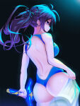 1girl 1girl alternate_costume ass backless_bikini backless_outfit bare_back big_breasts black_background blue_one-piece_bikini fir_(fire_emblem) fire_emblem fire_emblem:_the_binding_blade high_res holding holding_sword holding_weapon intelligent_systems keldancon long_hair looking_to_the_side medium_breasts nintendo one-piece_bikini ponytail purple_eyes purple_hair ribbon simple_background spotlight swimsuit sword weapon