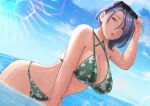 1girl 1girl alluring alternate_costume big_breasts bikini blue_hair blue_sky cleavage cloud commentary criss-cross_halter english_commentary eyewear_on_head fire_emblem fire_emblem:_three_houses glint green_bikini halterneck horizon intelligent_systems looking_at_viewer loose_hair_strand medium_hair nintendo open_mouth parted_bangs partially_submerged purple_eyes rinku_bny shamir_nevrand sky star_(symbol) star_print sunglasses swimsuit water wet