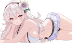 1girl 1girl absurd_res alluring bare_arms bare_shoulders big_breasts bikini bikini_skirt black_hairband breast_press cleavage corrin_(fire_emblem) corrin_(fire_emblem)_(female) corrin_(summer)_(fire_emblem)_(female) fire_emblem fire_emblem_fates fire_emblem_heroes fire_emblem_warriors flower grey_hair grin hair_between_eyes hair_flower hair_ornament hairband halterneck head_rest high_res intelligent_systems long_hair looking_at_viewer lying n_54 navel nintendo official_alternate_costume on_stomach pointy_ears red_eyes sideboob simple_background skindentation skirt smile stomach swimsuit thighs white_background white_bikini white_skirt