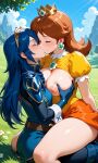 2_girls ai_generated blue_hair breast_grab brown_hair closed_eyes crown dress earrings female_only fire_emblem fire_emblem_awakening kissing long_hair lucina mario_(series) multiple_girls nintendo princess_daisy sitting yuri