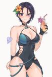 1girl 1girl alluring armpits arms_behind_head artist_name big_breasts black_choker black_one-piece_bikini blush bubble choker cleavage closed_mouth clothing_cutout cocktail_glass collarbone commentary covered_navel cup drinking_glass drinking_straw english_commentary fire_emblem fire_emblem:_three_houses fire_emblem_heroes fishnets flower hair_flower hair_ornament high_res intelligent_systems leaf_hair_ornament looking_at_viewer luci_(purrlucii) nintendo official_alternate_costume one-piece_bikini purple_eyes purple_hair purrlucii shamir_nevrand shamir_nevrand_(summer) short_hair side_cutout signature simple_background smile standing swimsuit thighs white_background yellow_flower