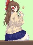 1girl artist_name ass big_breasts blue_skirt breasts brown_hair cardigan drawlab33t drinking hakurei_reimu large_ass long_hair looking_at_viewer looking_back red_eyes reimu_hakurei school_uniform sitting skirt stockings touhou white_thighhighs